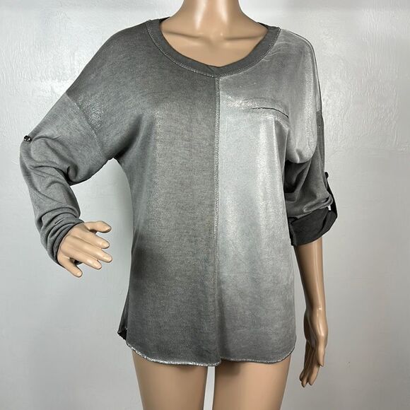 Gigi Moda Alicia Grey Metallic Mixed Media Long Sleeve Top Blouse Size M - Picture 1 of 7